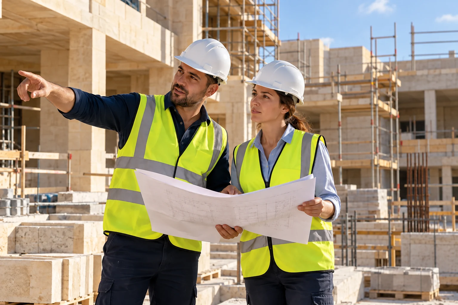 Two construction professionals reviewing plans on a building site