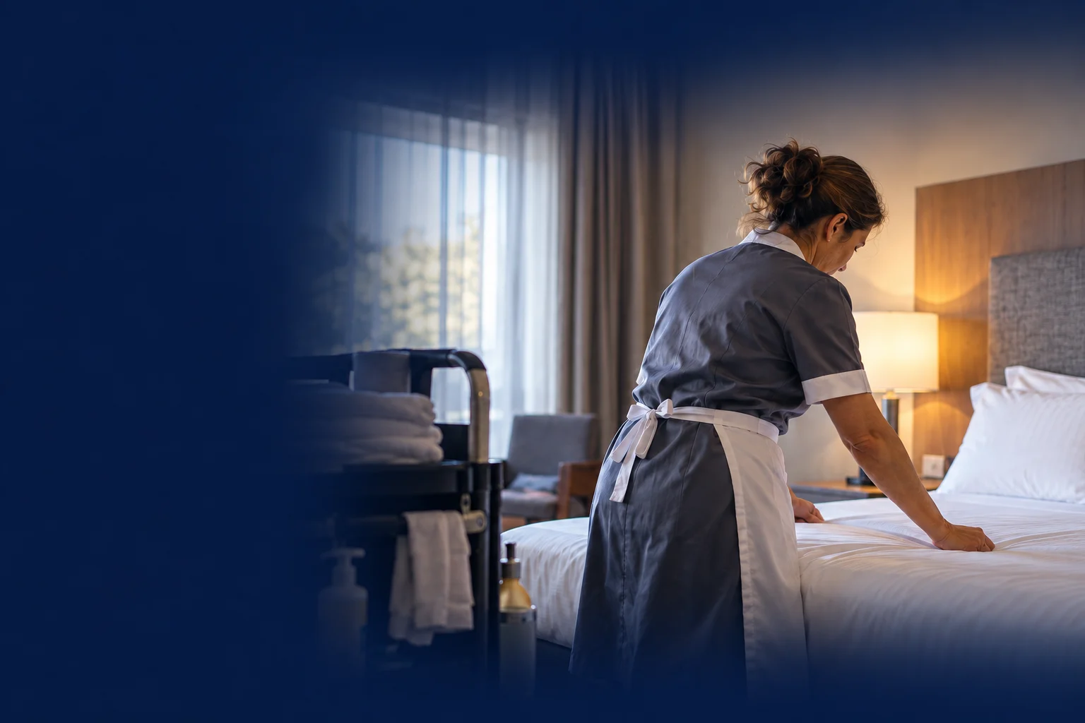 Housekeeping professional making a hotel bed, focused on her work
