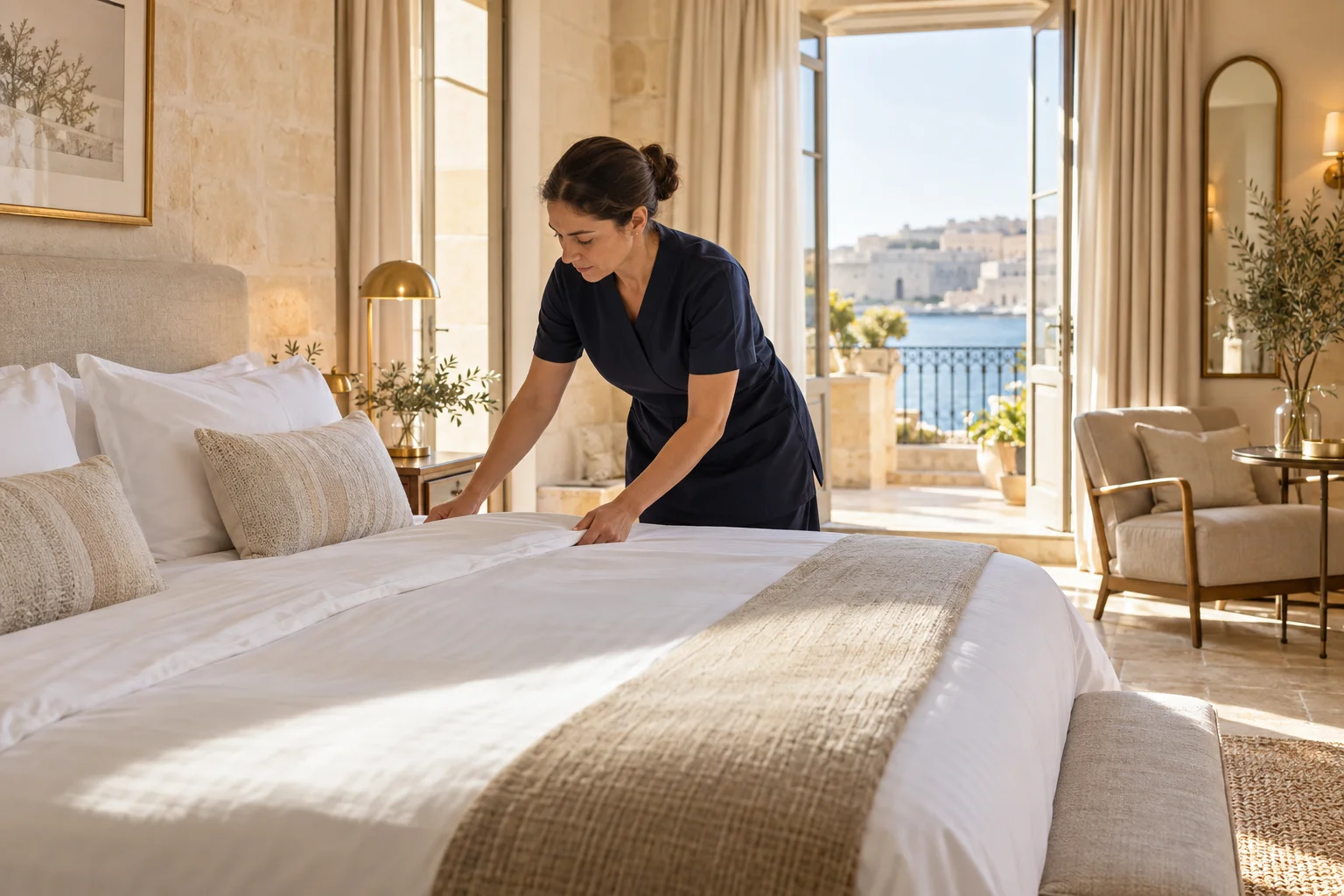 Housekeeping professional preparing a guest room