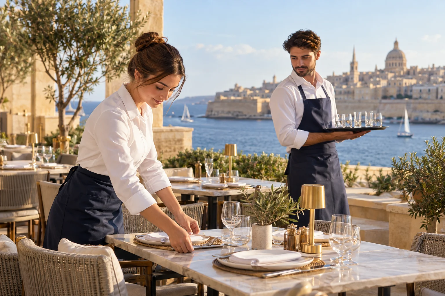 Hospitality professionals preparing a restaurant terrace for service